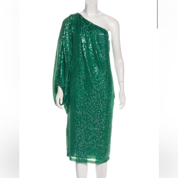Naeem Khan One Shoulder Cape Style Green Sequin Midi Dress Size 6 $2200 Retail - Picture 1 of 15